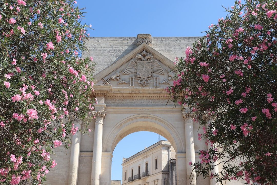 Ancient stone archway framed by pink flowers
